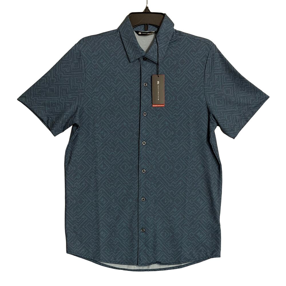 Travis Mathew Shirt Men's Small Lightweight Button-Up Stretch Blue Geo NEW